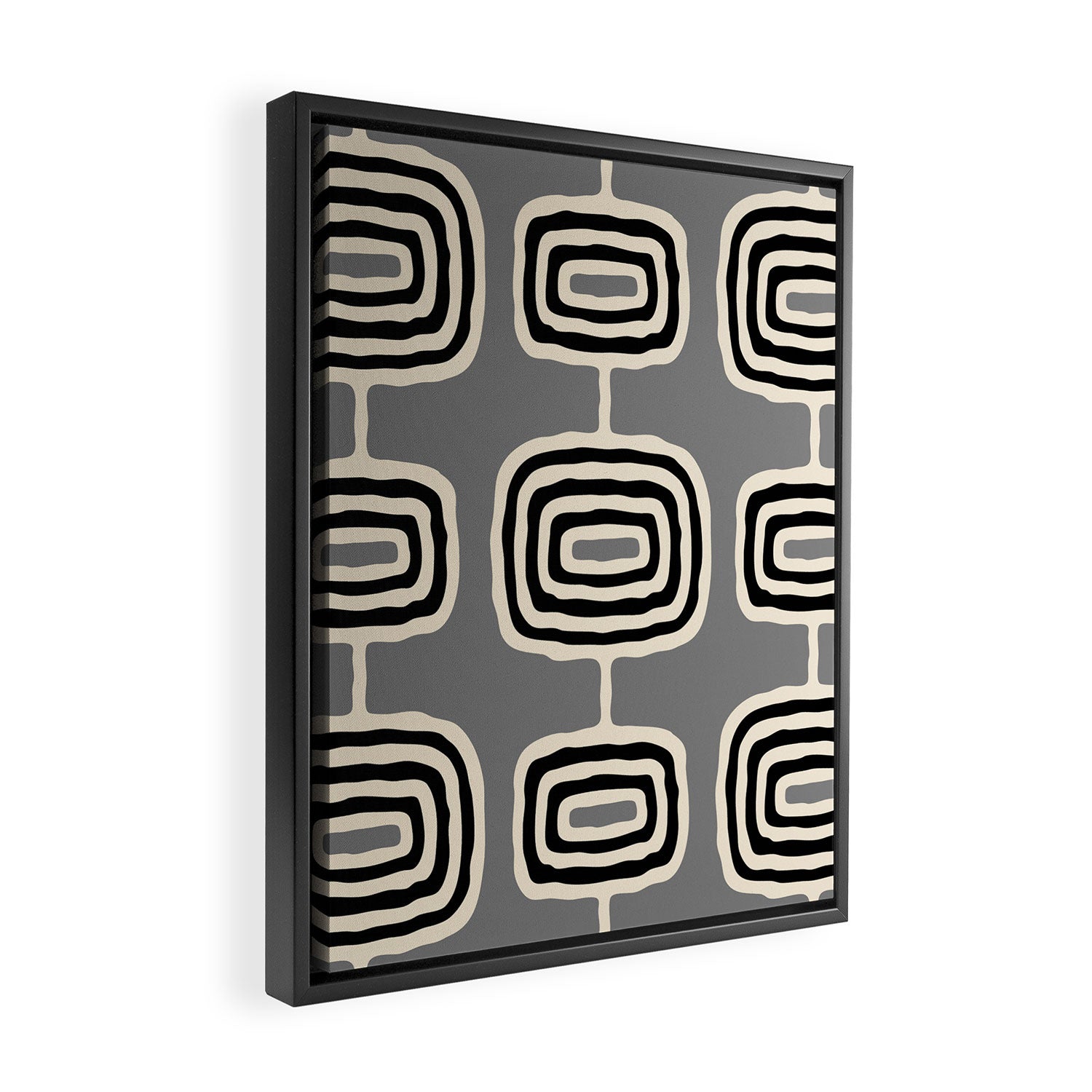 Mid Century Modern Atomic Rings Pattern 233 Black Beige and Gray Framed Canvas Print Gallery Image 2