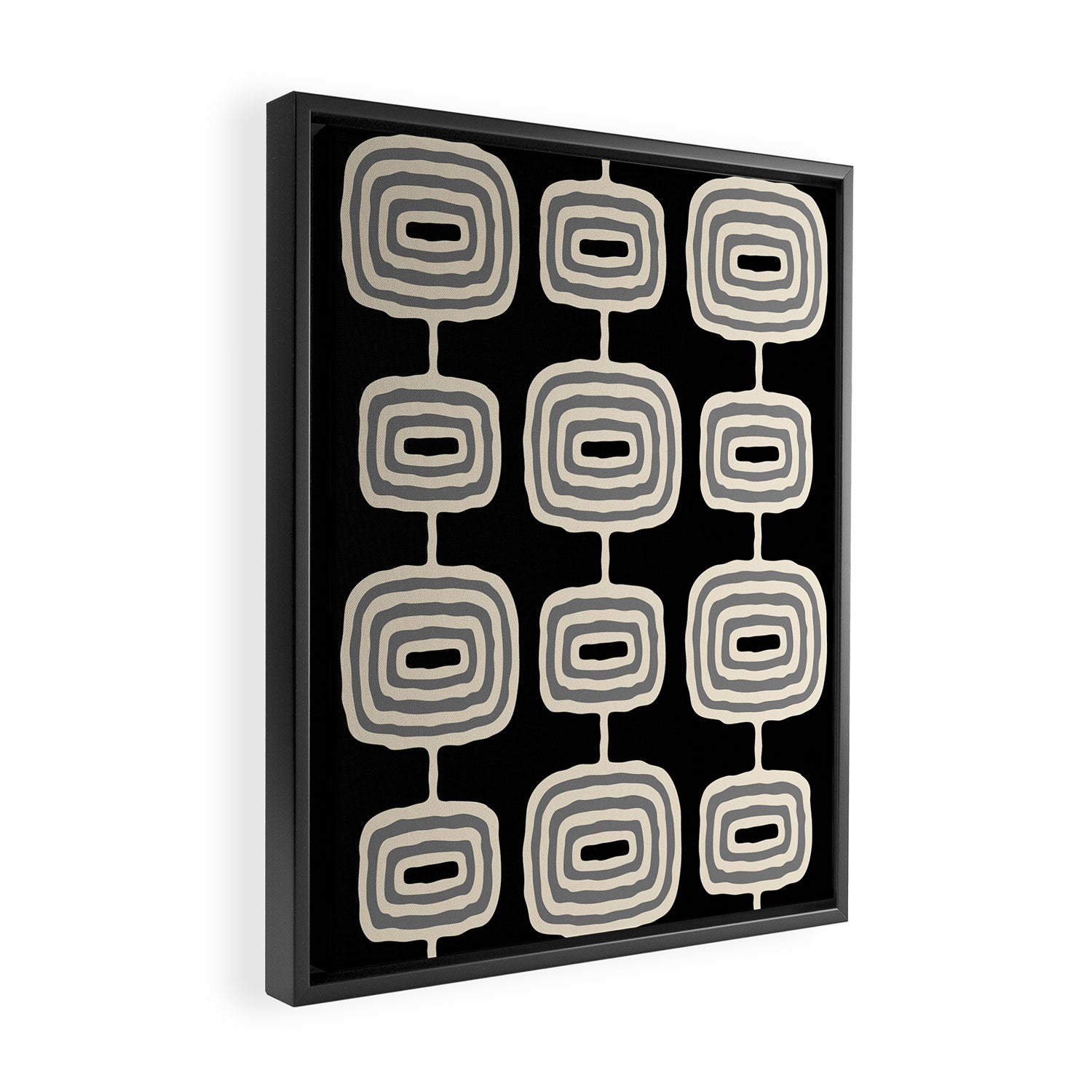 Mid Century Modern Atomic Rings Pattern 234 Decor Black Beige and Gray Framed Canvas Print Gallery Image 2