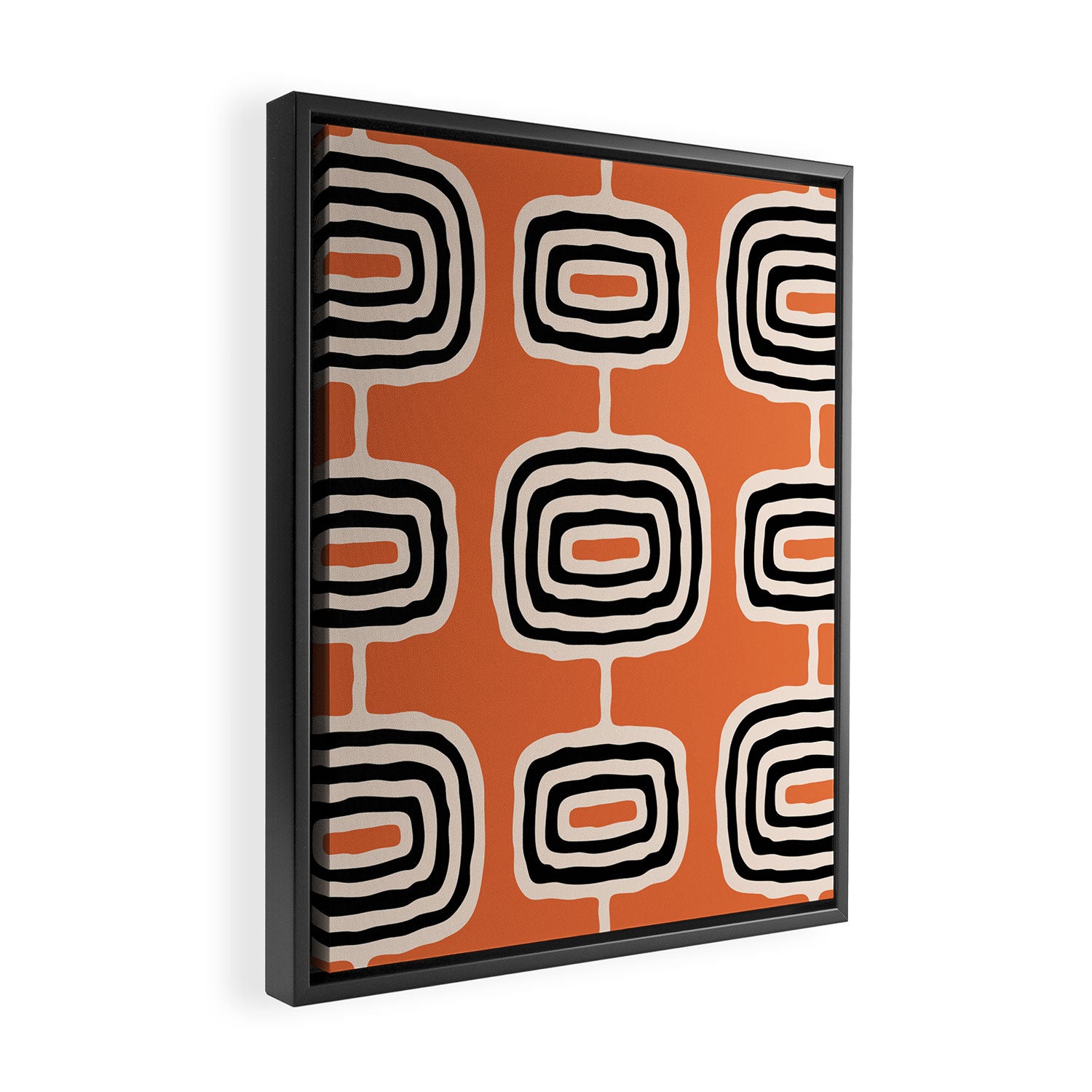 Mid Century Modern Atomic Rings Pattern 239 Black Beige and Orange Framed Canvas Print Gallery Image 2