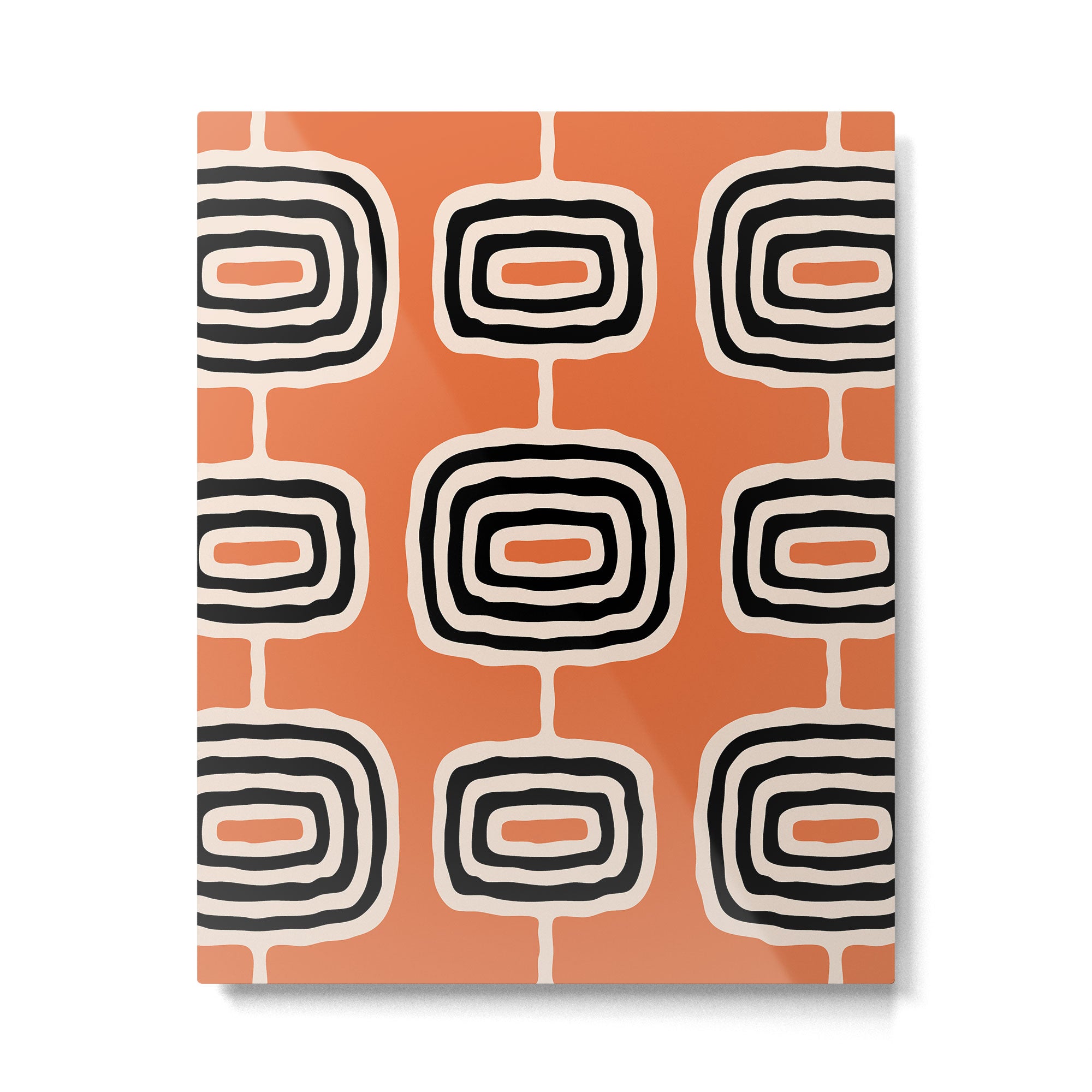 Mid Century Modern Atomic Rings Pattern 239 Black Beige and Orange Metal Print Gallery Image 6
