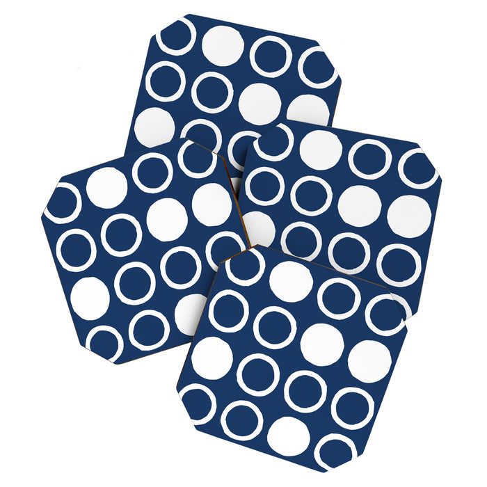 Mid Century Modern Circle and Dot Pattern 240 Navy Blue Coaster Gallery Image 1