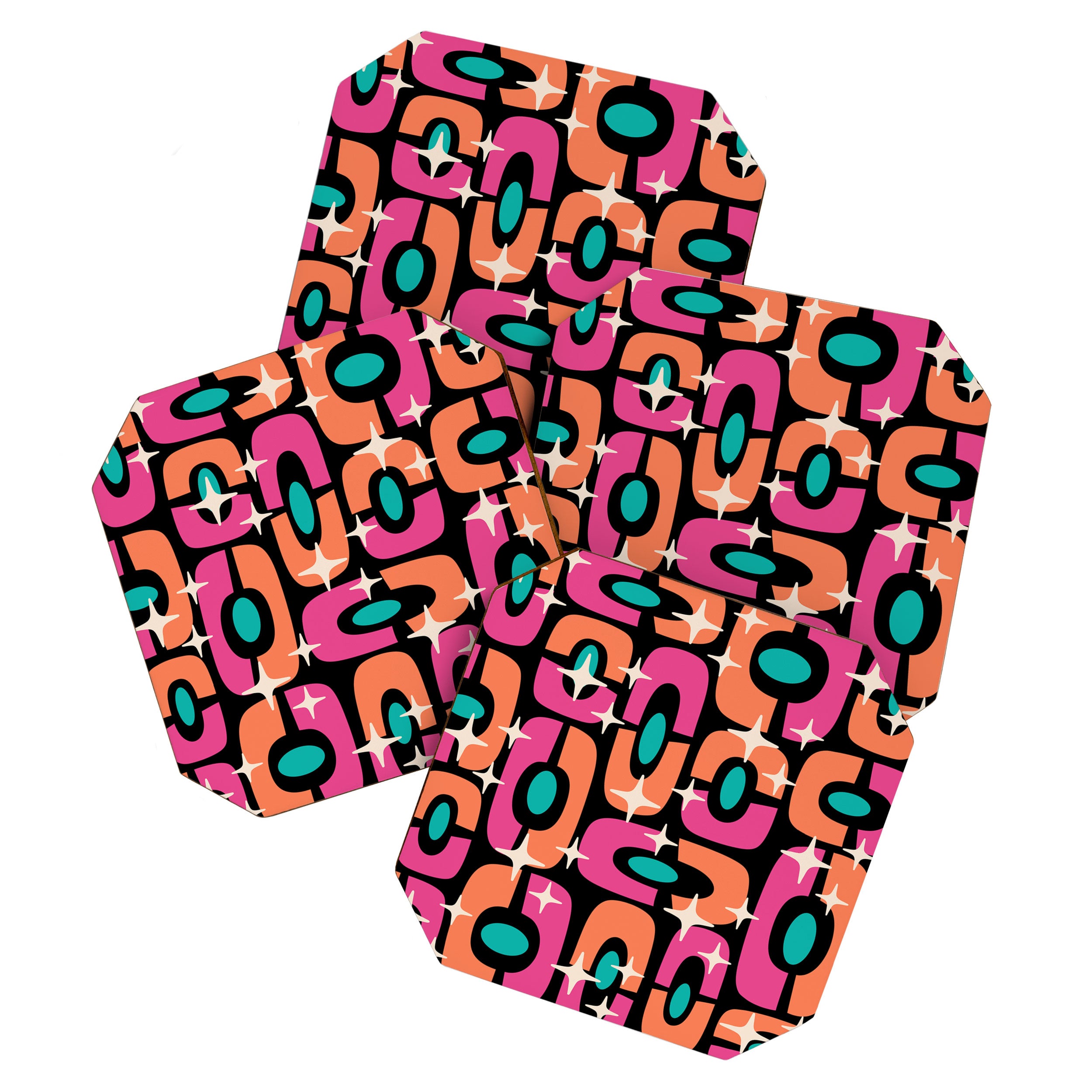 Mid Century Modern Cosmic Abstract 356 Magenta Orange Turquoise Black and Beige Coaster Gallery Image 1