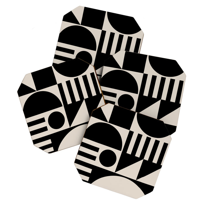 Mid Century Modern Geometric 936 Black and Linen White Coaster Gallery Image 1