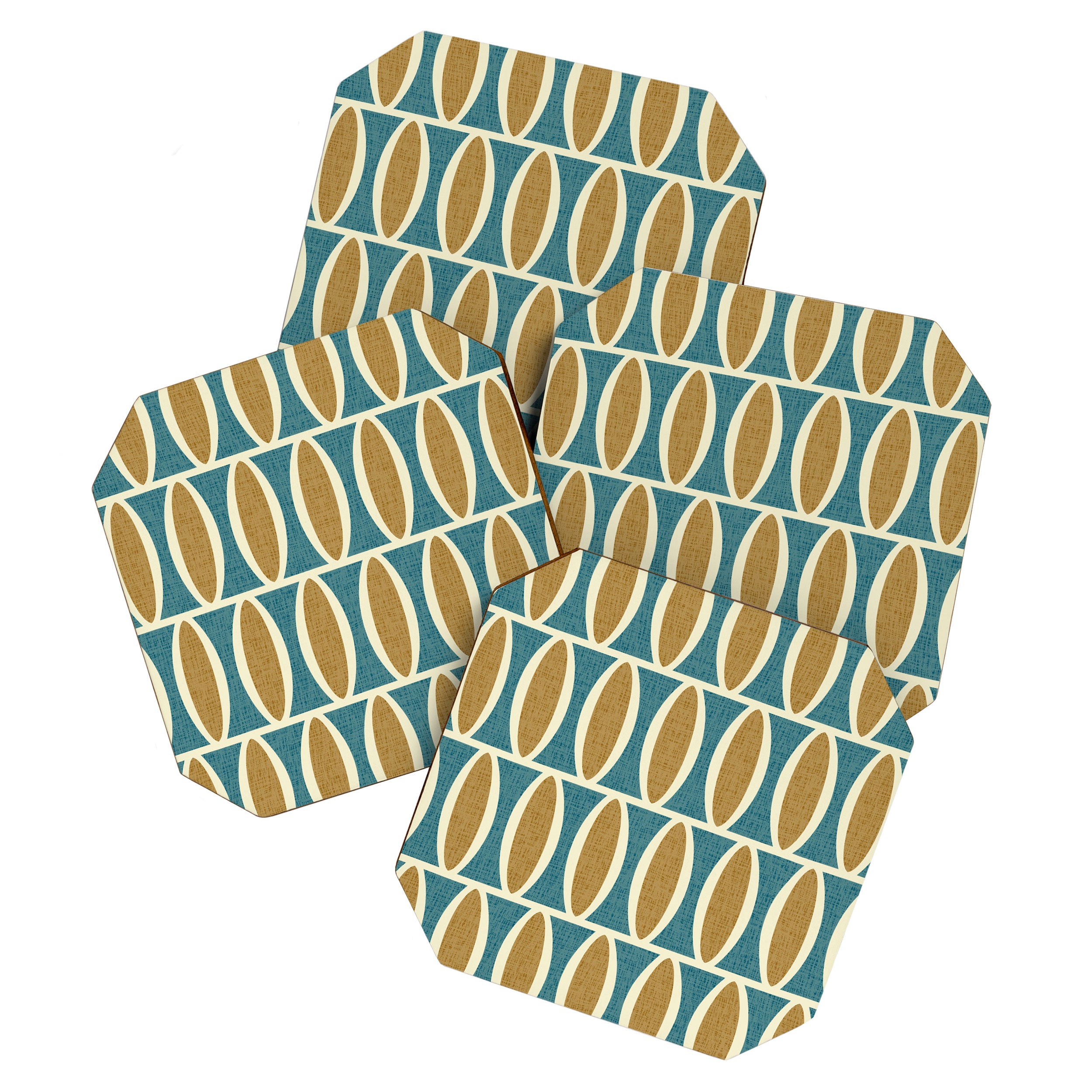Mid Century Modern Geometric Oval Pattern 227 Blue Gold and Beige Coaster Gallery Image 1