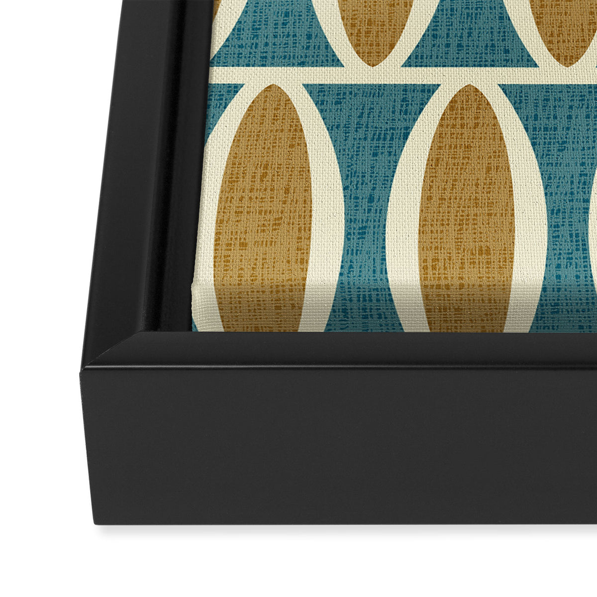 Mid Century Modern Geometric Oval Pattern 227 Blue Gold and Beige Framed Canvas Print Gallery Image 3