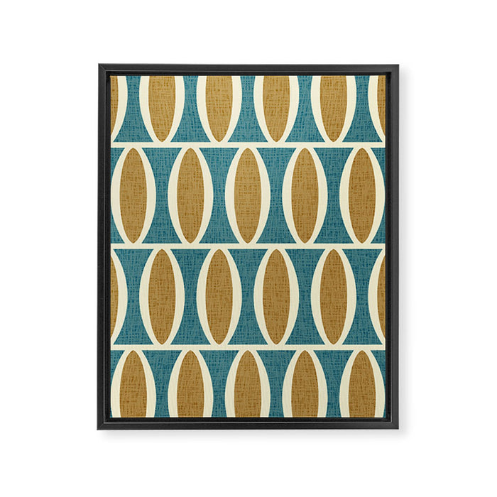 Mid Century Modern Geometric Oval Pattern 227 Blue Gold and Beige Framed Canvas Print Gallery Image 1