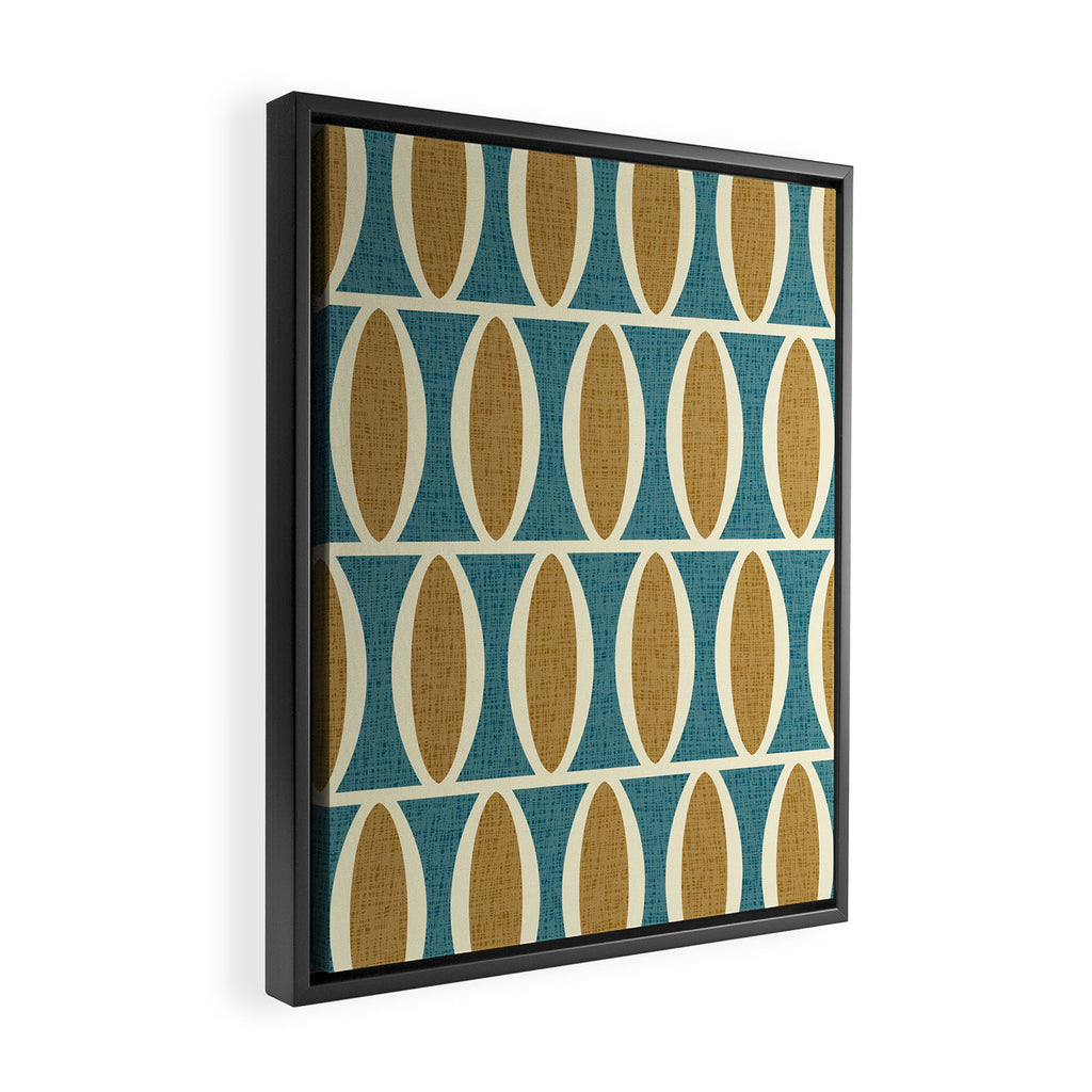Mid Century Modern Geometric Oval Pattern 227 Blue Gold and Beige Framed Canvas Print Gallery Image 2