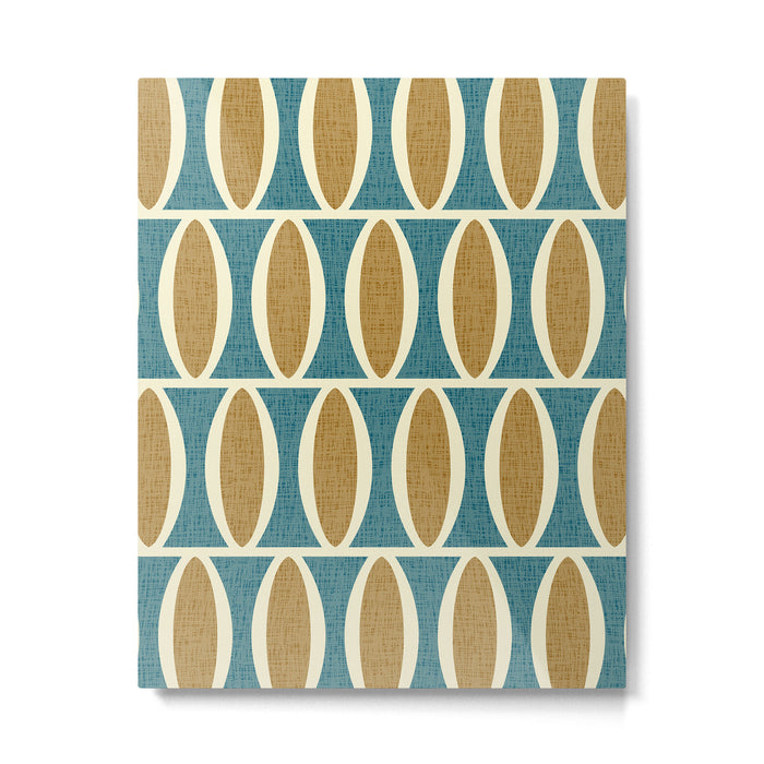 Mid Century Modern Geometric Oval Pattern 227 Blue Gold and Beige Metal Print Gallery Image 1