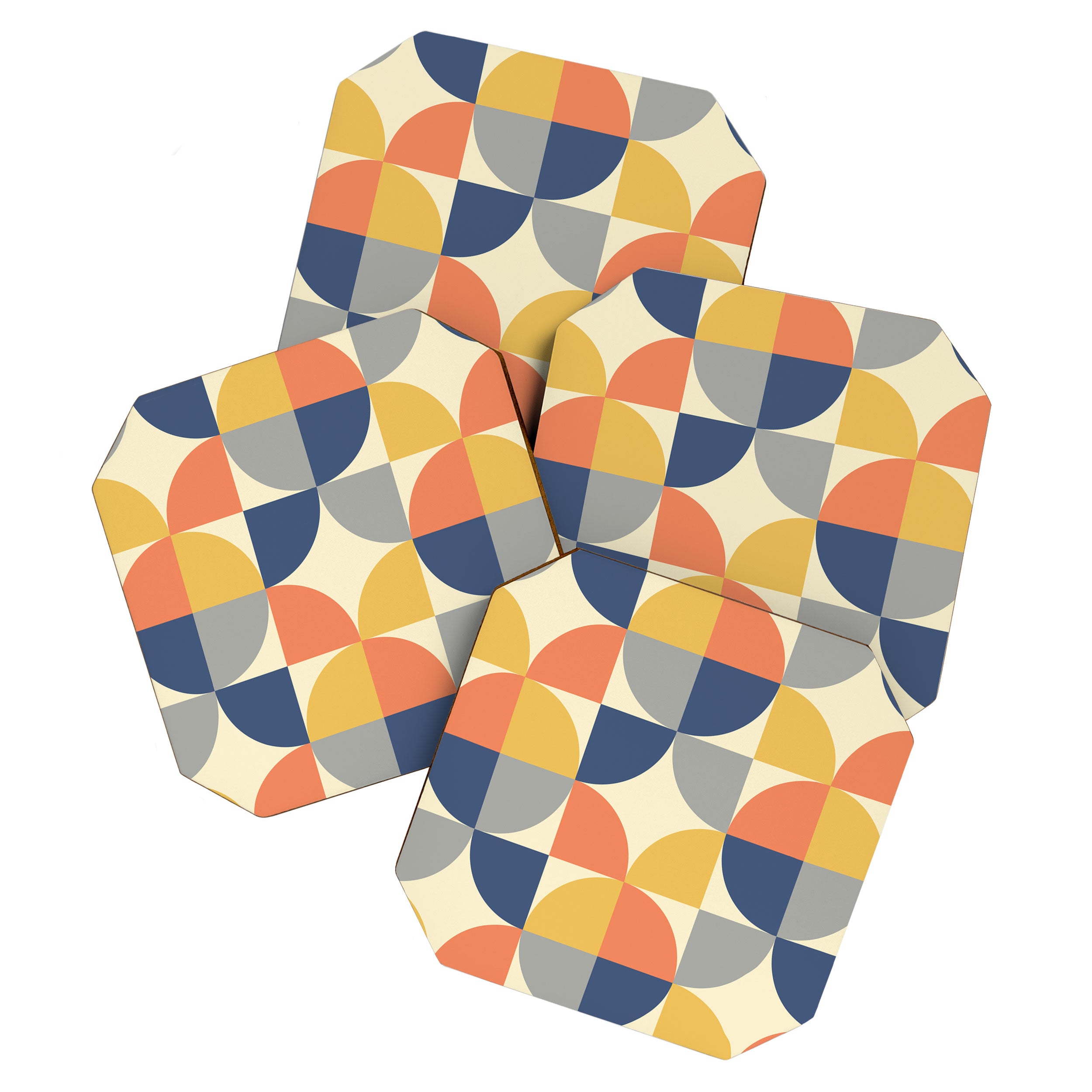 Mid Century Modern Geometric Pattern 445 Blue Yellow Orange Gray and Beige Coaster Gallery Image 1