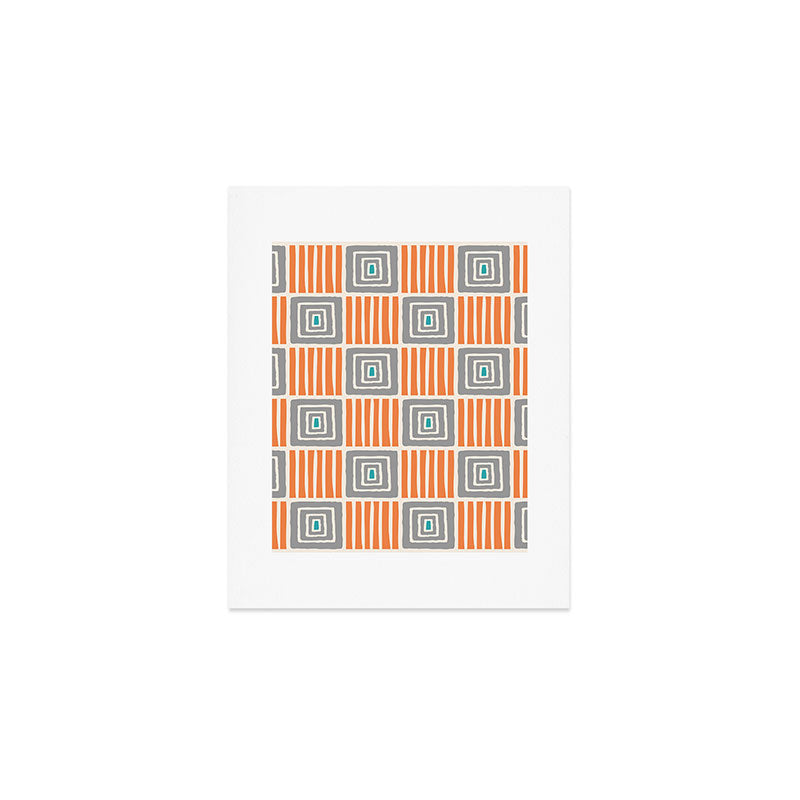 Retro Mid Century Modern Check Pattern 732 Turquoise Orange and Gray Art Print Gallery Image 1