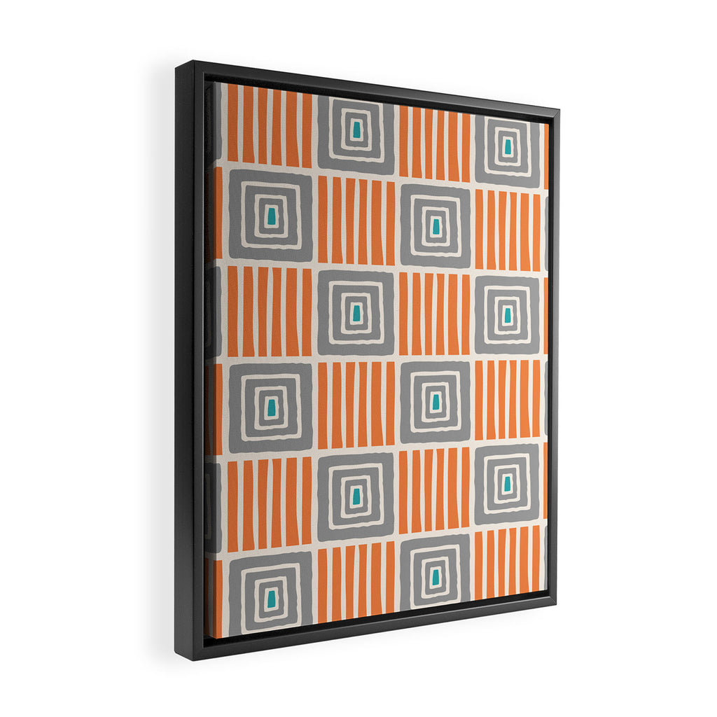 Retro Mid Century Modern Check Pattern 732 Turquoise Orange and Gray Framed Canvas Print Gallery Image 2