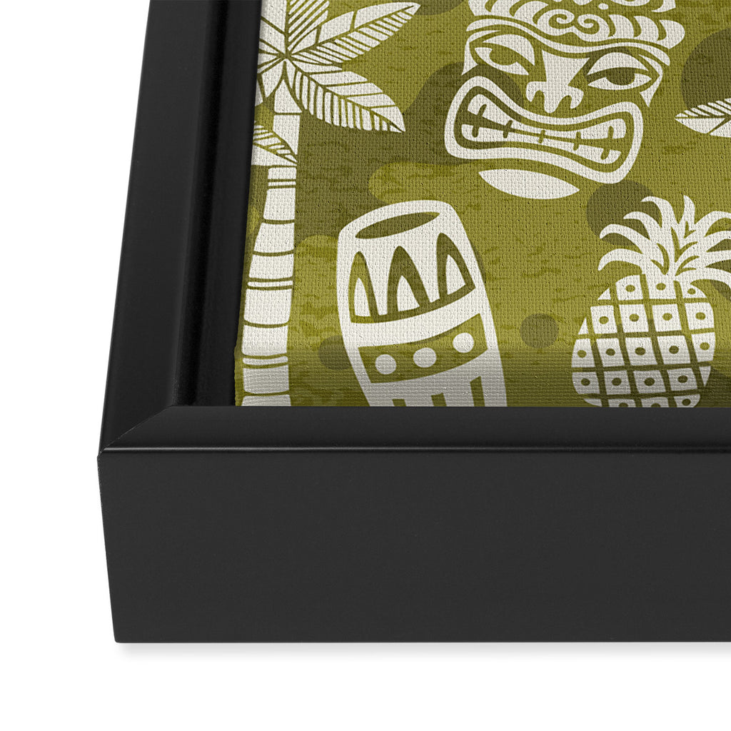 Retro Mid Century Modern Tiki Pattern 523 Olive Green Framed Canvas Print Gallery Image 3