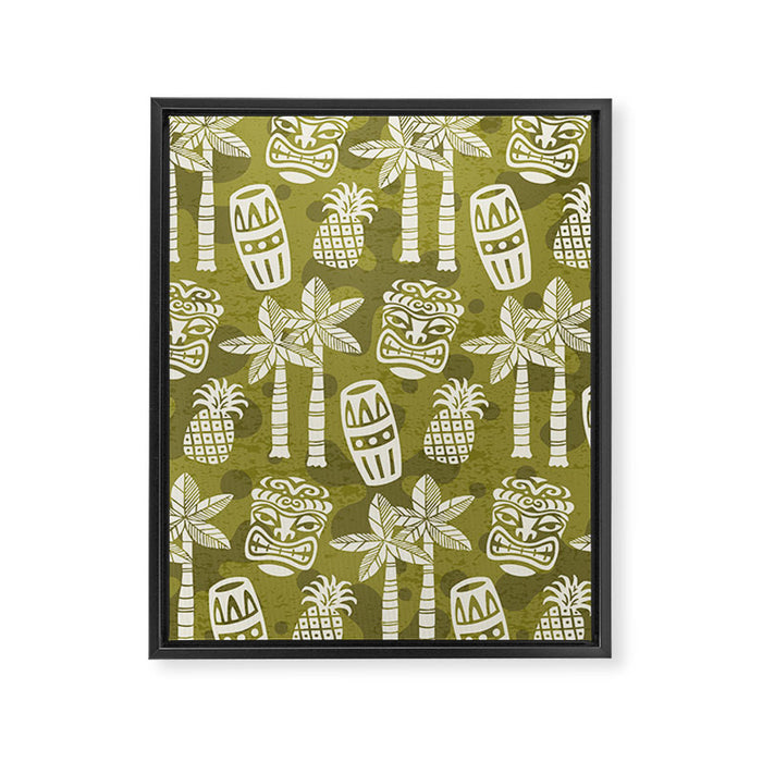 Retro Mid Century Modern Tiki Pattern 523 Olive Green Framed Canvas Print Gallery Image 1