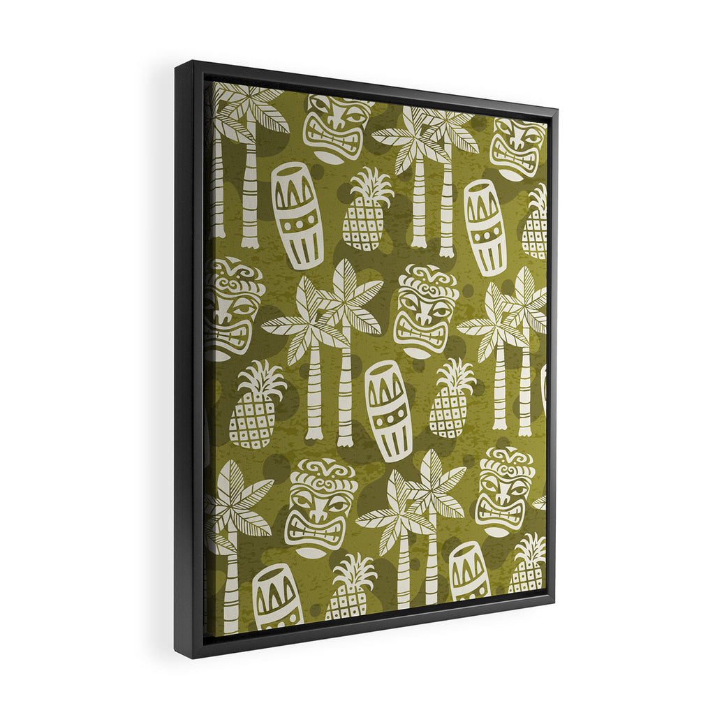 Retro Mid Century Modern Tiki Pattern 523 Olive Green Framed Canvas Print Gallery Image 2