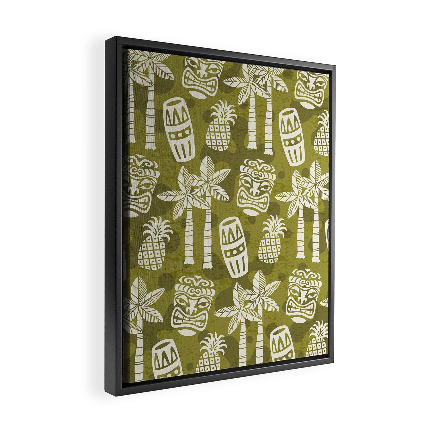 Retro Mid Century Modern Tiki Pattern 523 Olive Green Framed Canvas Print Gallery Image 2