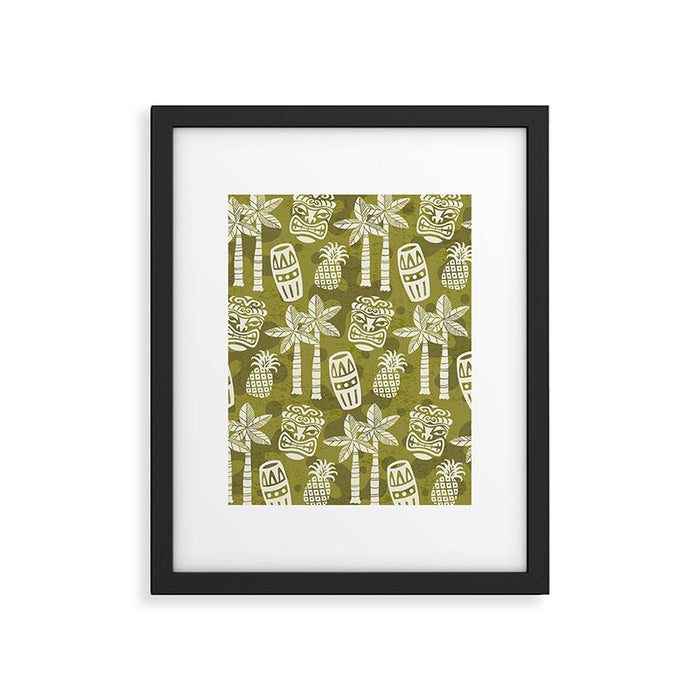 Retro Mid Century Modern Tiki Pattern 523 Olive Green Framed Art Print Gallery Image 1