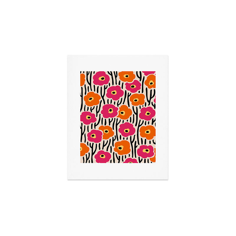 Floral  Pattern Hot Pink and Orange Art Print Gallery Image 1