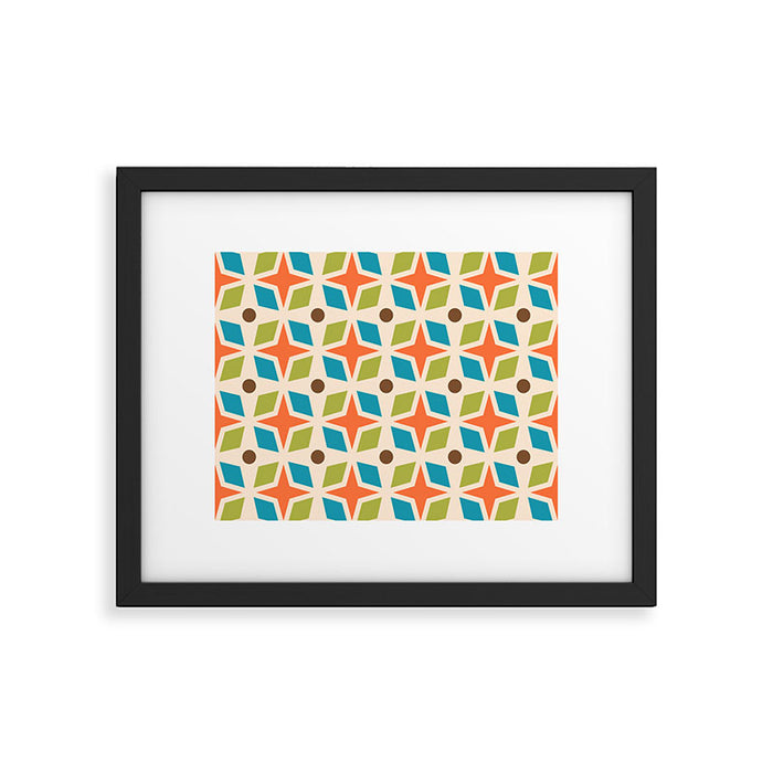 Mid Century Modern Abstract Star Dot Pattern 441 Orange Brown Turquoise Chartreuse Framed Art Print Gallery Image 1