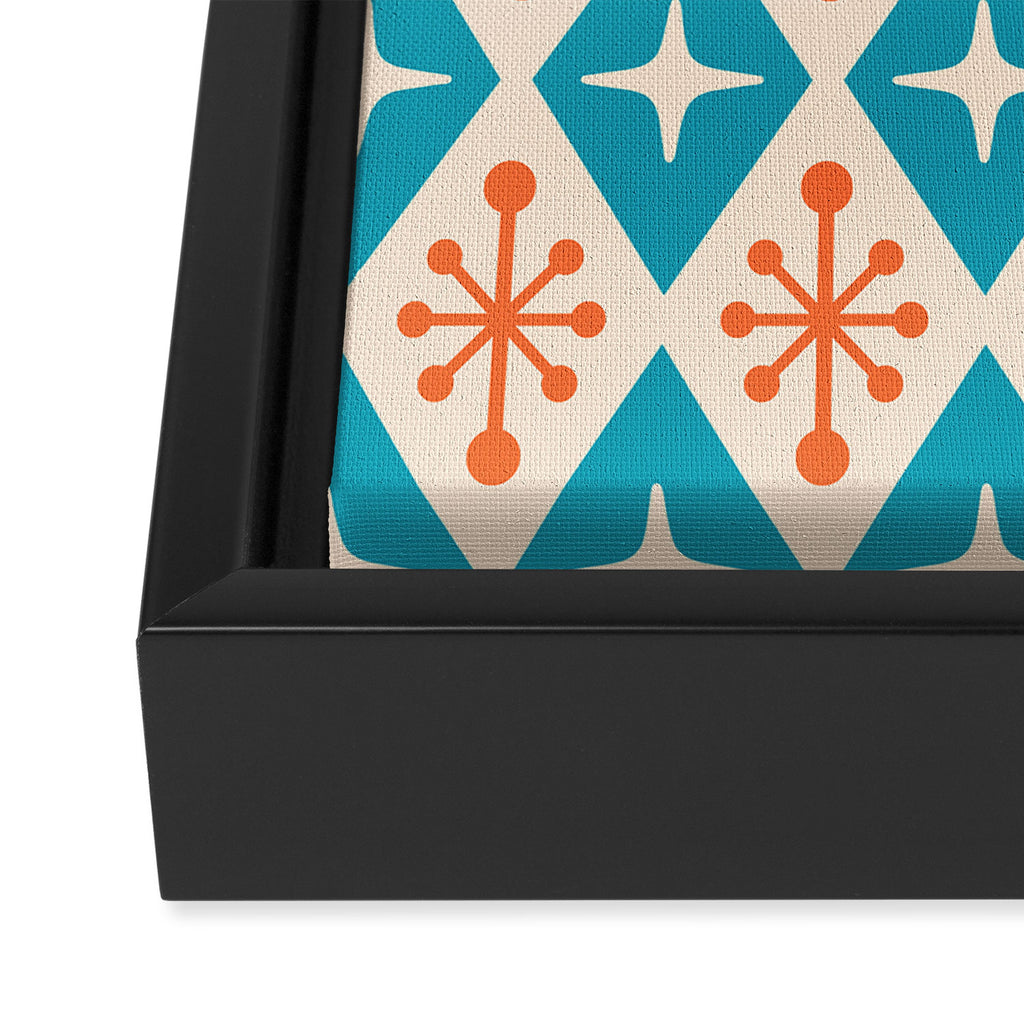 Mid Century Modern Atomic Age Googie Pattern 107 Turquoise and Orange Framed Canvas Print Gallery Image 3