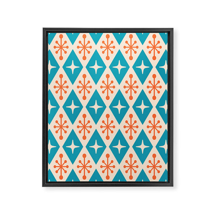 Mid Century Modern Atomic Age Googie Pattern 107 Turquoise and Orange Framed Canvas Print Gallery Image 1