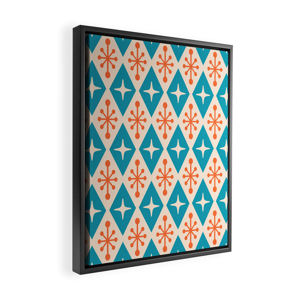 Mid Century Modern Atomic Age Googie Pattern 107 Turquoise and Orange Framed Canvas Print Gallery Image 2