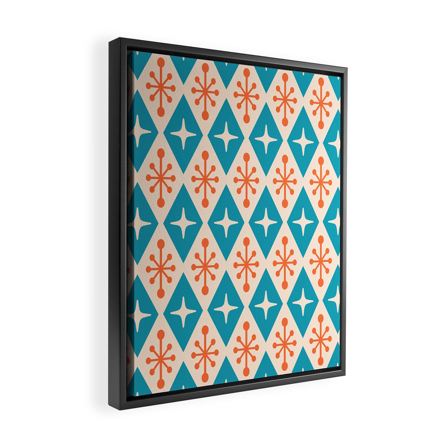 Mid Century Modern Atomic Age Googie Pattern 107 Turquoise and Orange Framed Canvas Print Gallery Image 2