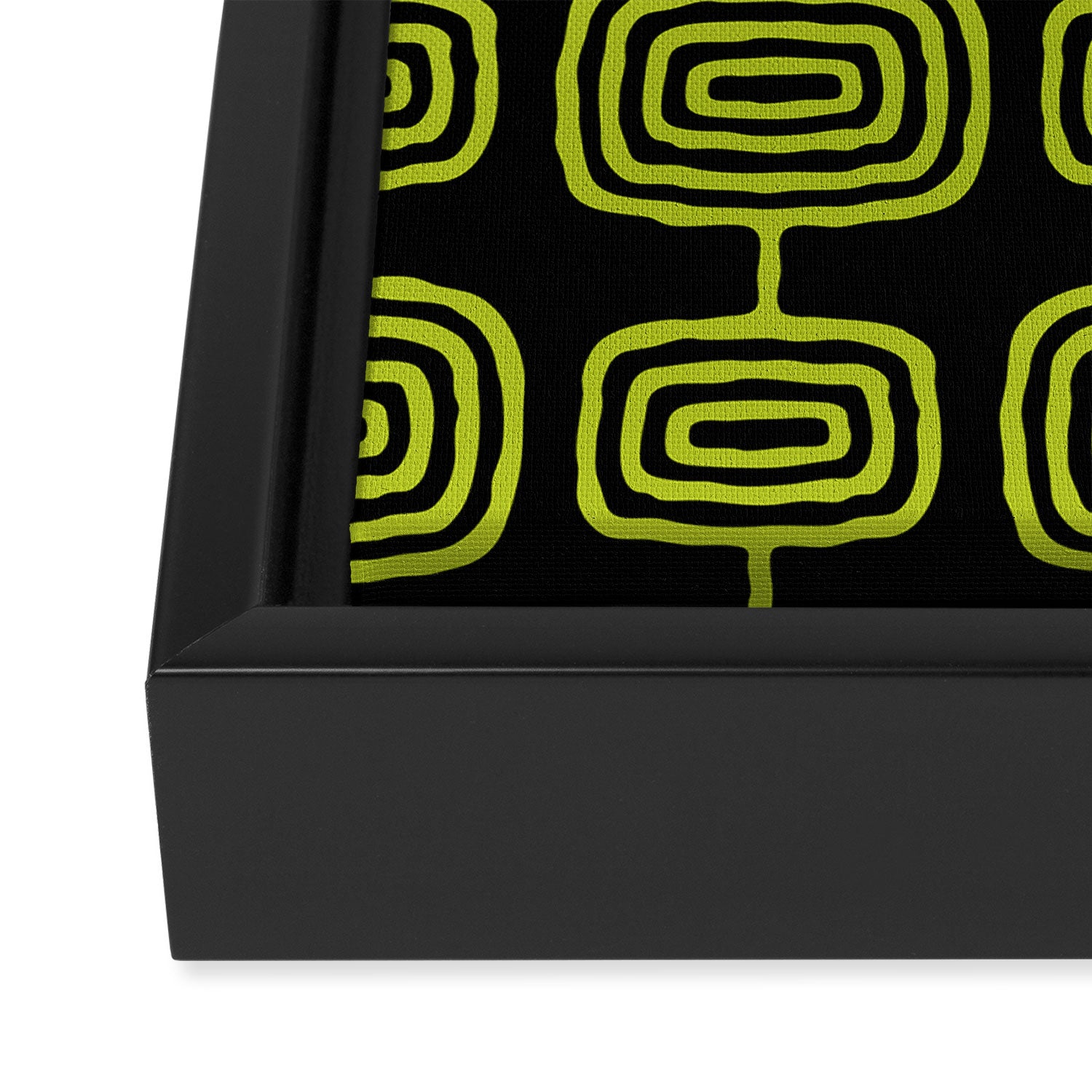 Mid Century Modern Atomic Rings Pattern Black and Chartreuse Framed Canvas Print Gallery Image 3