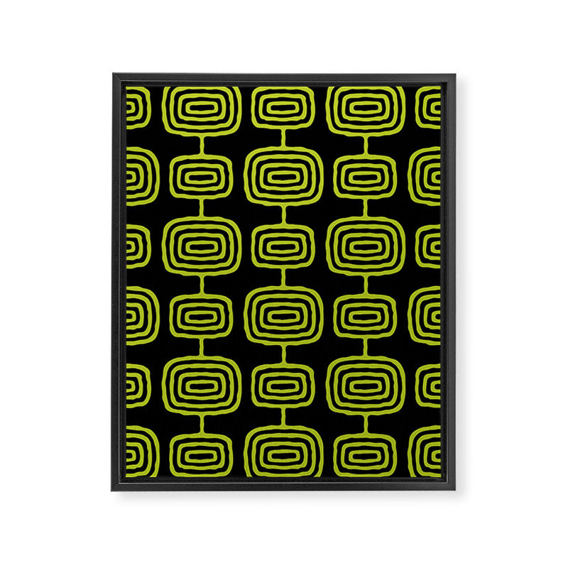 Mid Century Modern Atomic Rings Pattern Black and Chartreuse Framed Canvas Print Gallery Image 8