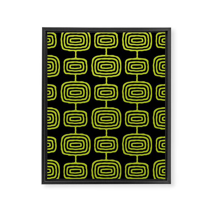 Mid Century Modern Atomic Rings Pattern Black and Chartreuse Framed Canvas Print Gallery Image 1