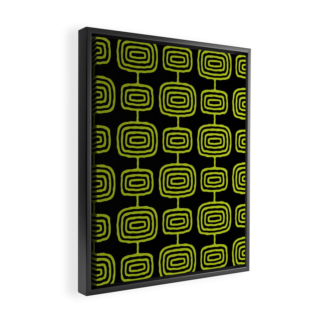 Mid Century Modern Atomic Rings Pattern Black and Chartreuse Framed Canvas Print Gallery Image 2