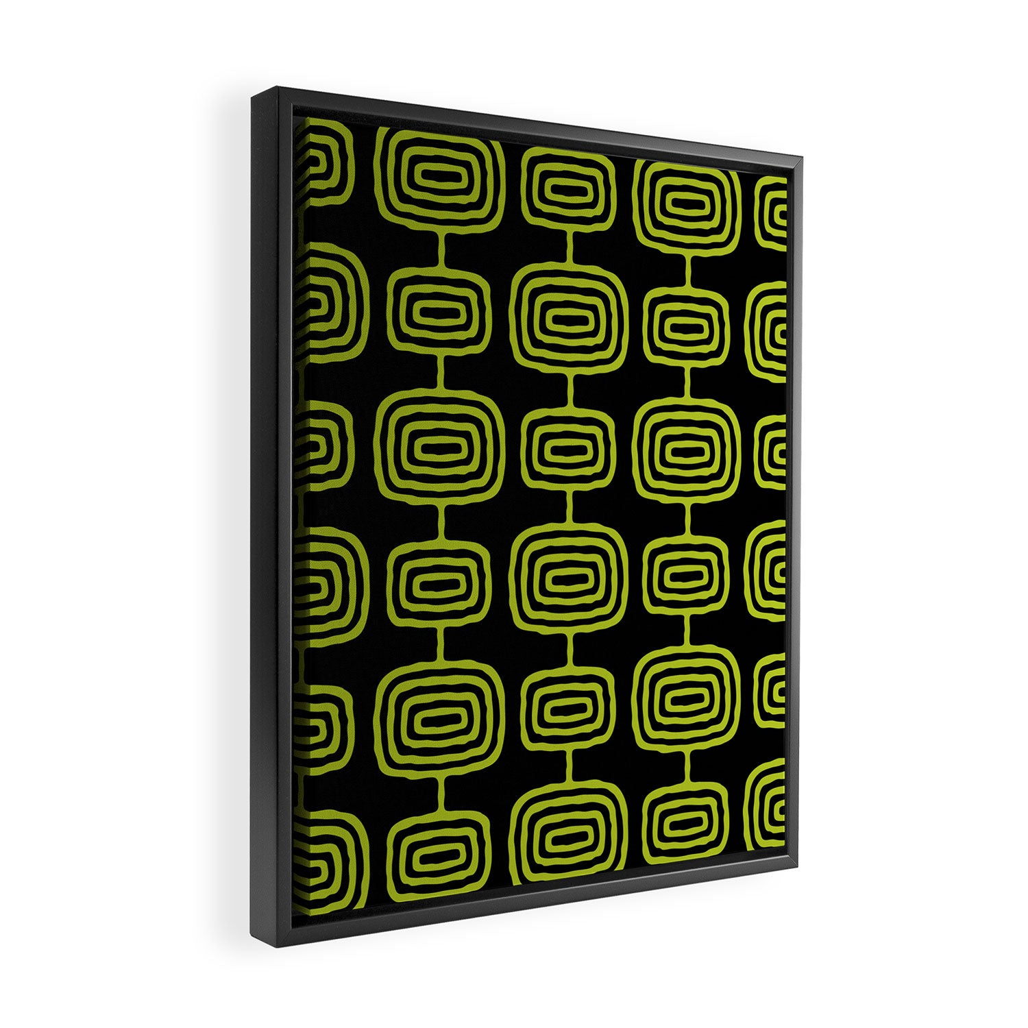 Mid Century Modern Atomic Rings Pattern Black and Chartreuse Framed Canvas Print Gallery Image 2