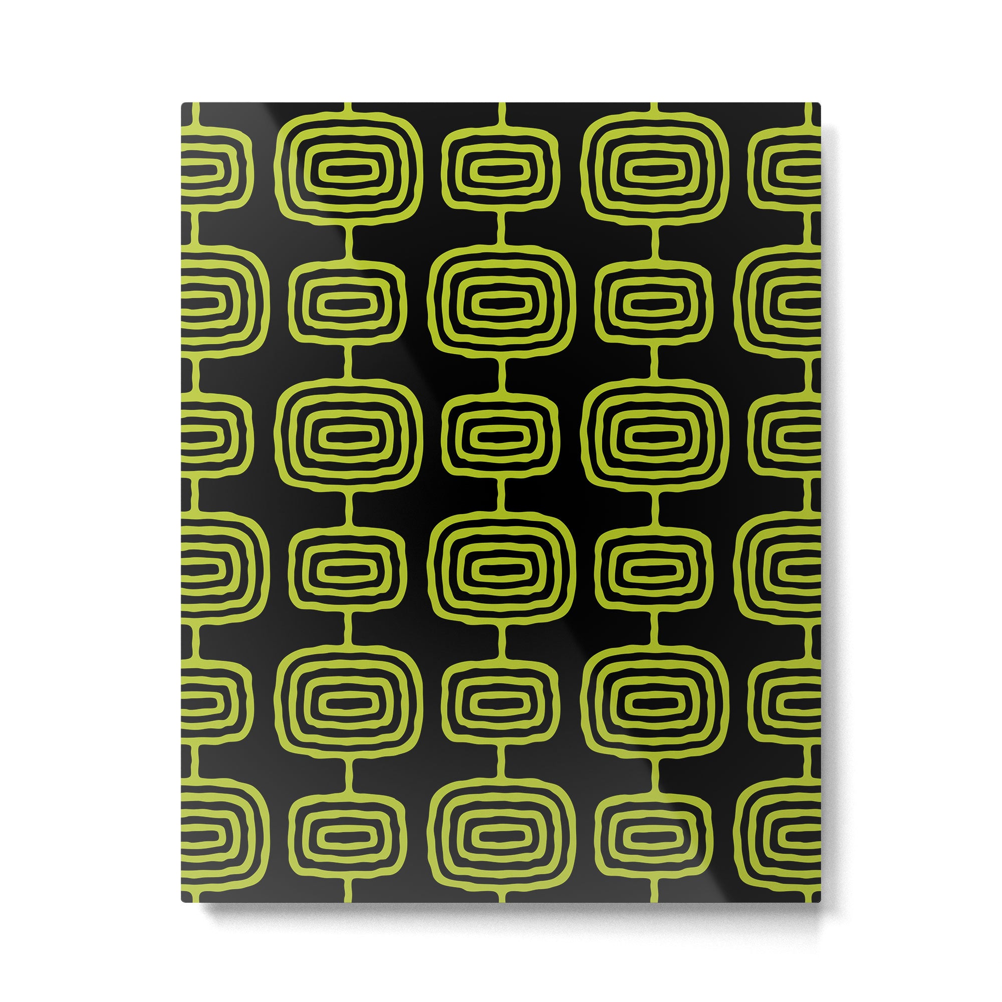Mid Century Modern Atomic Rings Pattern Black and Chartreuse Metal Print Gallery Image 6