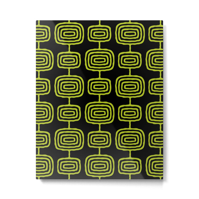 Mid Century Modern Atomic Rings Pattern Black and Chartreuse Metal Print Gallery Image 1