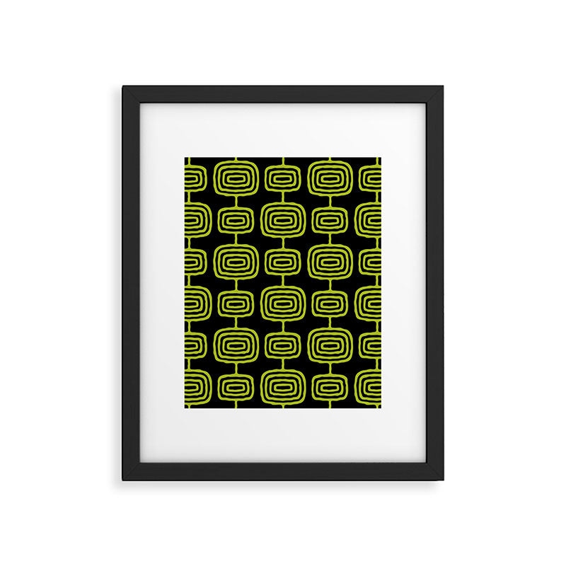 Mid Century Modern Atomic Rings Pattern Black and Chartreuse Framed Art Print Gallery Image 6