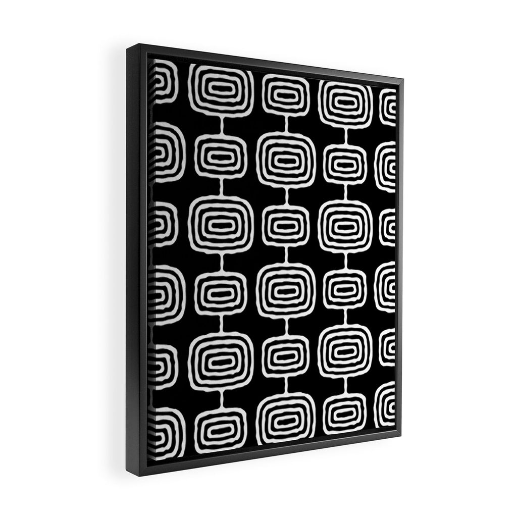 Mid Century Modern Atomic Rings Pattern Black and White Framed Canvas Print Gallery Image 2