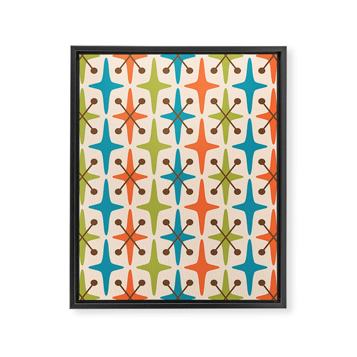 Mid Century Modern Atomic Starburst Pattern 441 Orange Brown Turquoise Chartreuse Framed Canvas Print Gallery Image 1