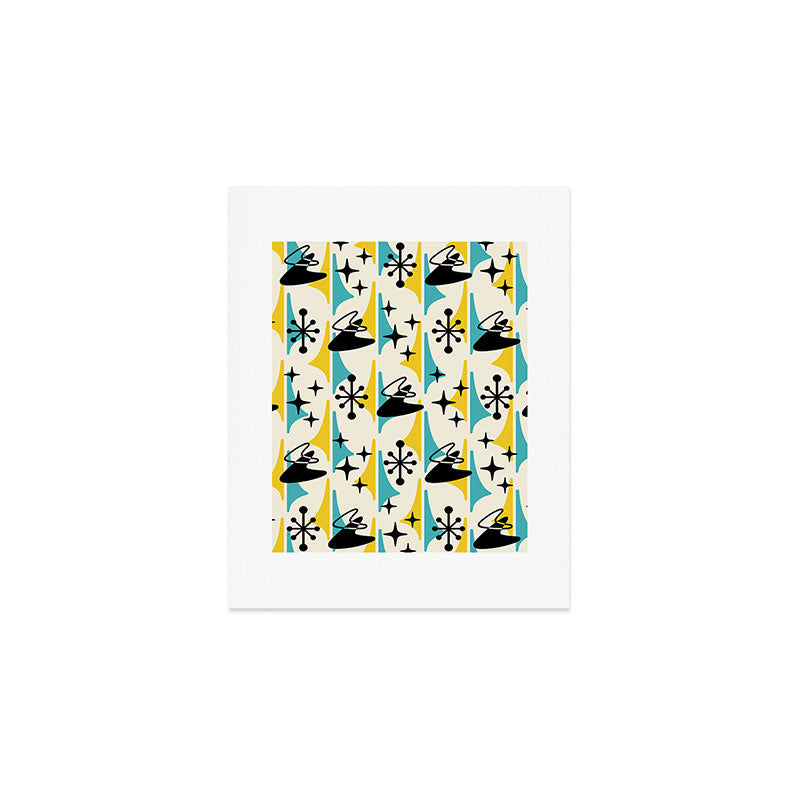 Mid Century Modern Cosmic Boomerang 726 Black Turquoise and Yellow Art Print Gallery Image 1