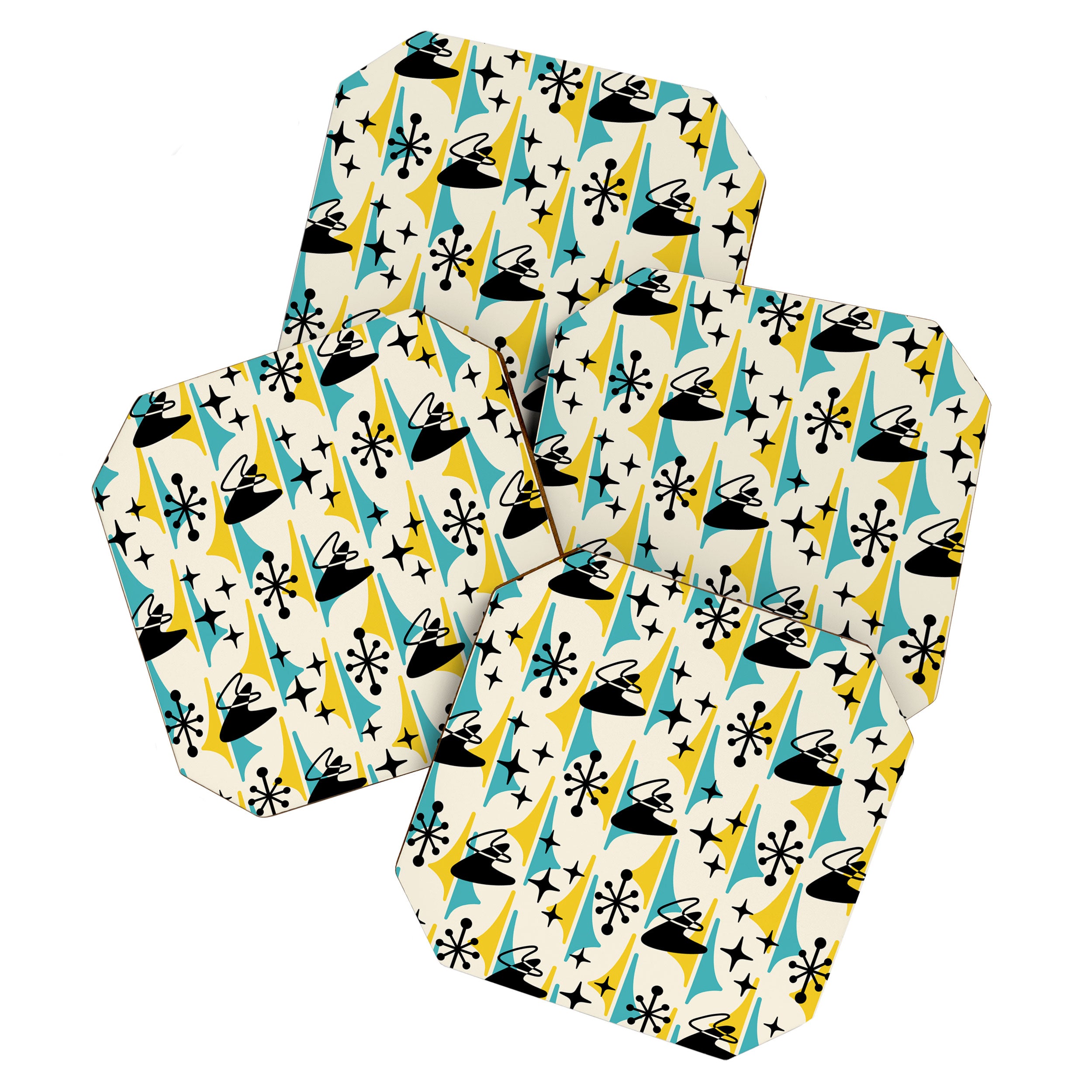 Mid Century Modern Cosmic Boomerang 726 Black Turquoise and Yellow Coaster Gallery Image 1