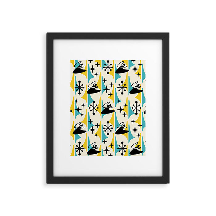 Mid Century Modern Cosmic Boomerang 726 Black Turquoise and Yellow Framed Art Print Gallery Image 1