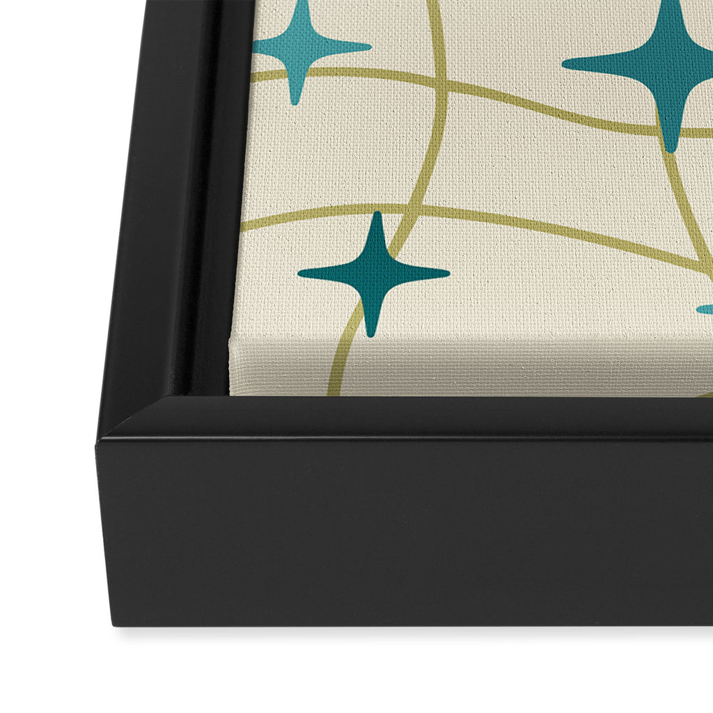 Mid Century Modern Cosmic Star Pattern 693 Cream Turquoise Olive Framed Canvas Print Gallery Image 3