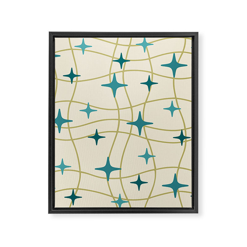 Mid Century Modern Cosmic Star Pattern 693 Cream Turquoise Olive Framed Canvas Print Gallery Image 8