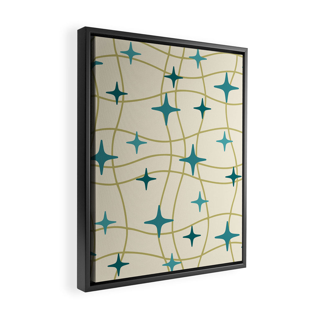 Mid Century Modern Cosmic Star Pattern 693 Cream Turquoise Olive Framed Canvas Print Gallery Image 2