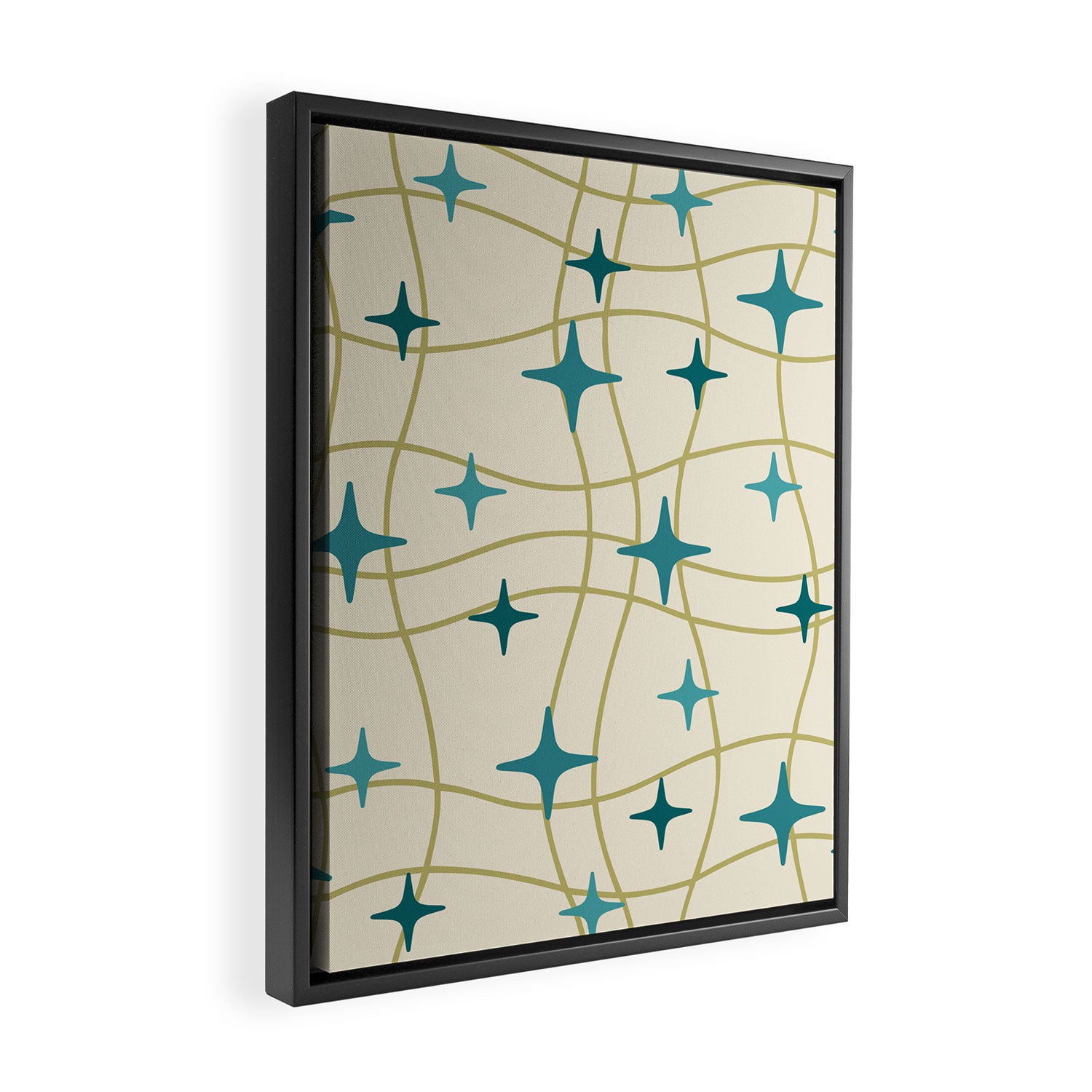 Mid Century Modern Cosmic Star Pattern 693 Cream Turquoise Olive Framed Canvas Print Gallery Image 2