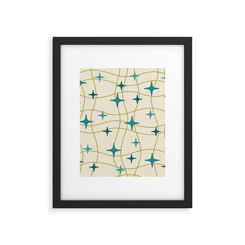 Mid Century Modern Cosmic Star Pattern 693 Cream Turquoise Olive Framed Art Print Gallery Image 6