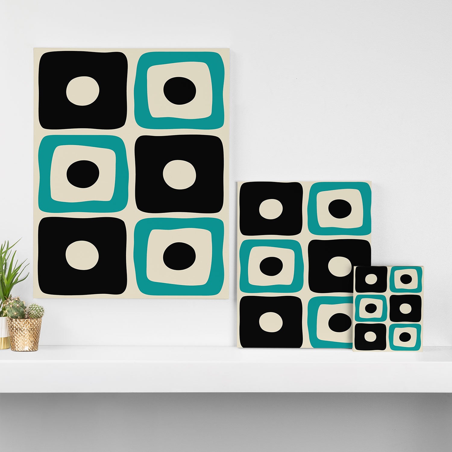 Mid Century Modern Square Dot Pattern 593 Black and Turquoise Canvas Print Gallery Image 3