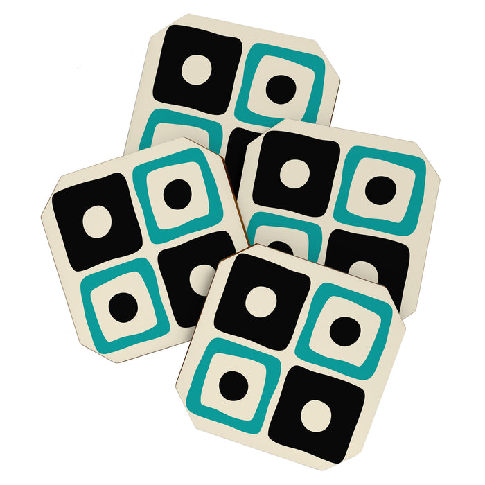 Mid Century Modern Square Dot Pattern 593 Black and Turquoise Coaster Gallery Image 1