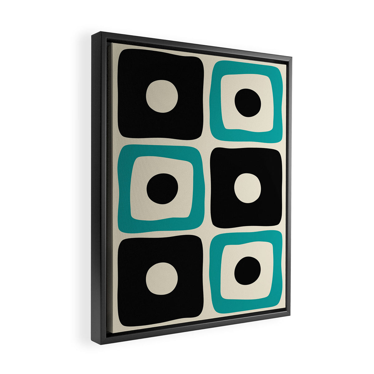 Mid Century Modern Square Dot Pattern 593 Black and Turquoise Framed Canvas Print Gallery Image 2