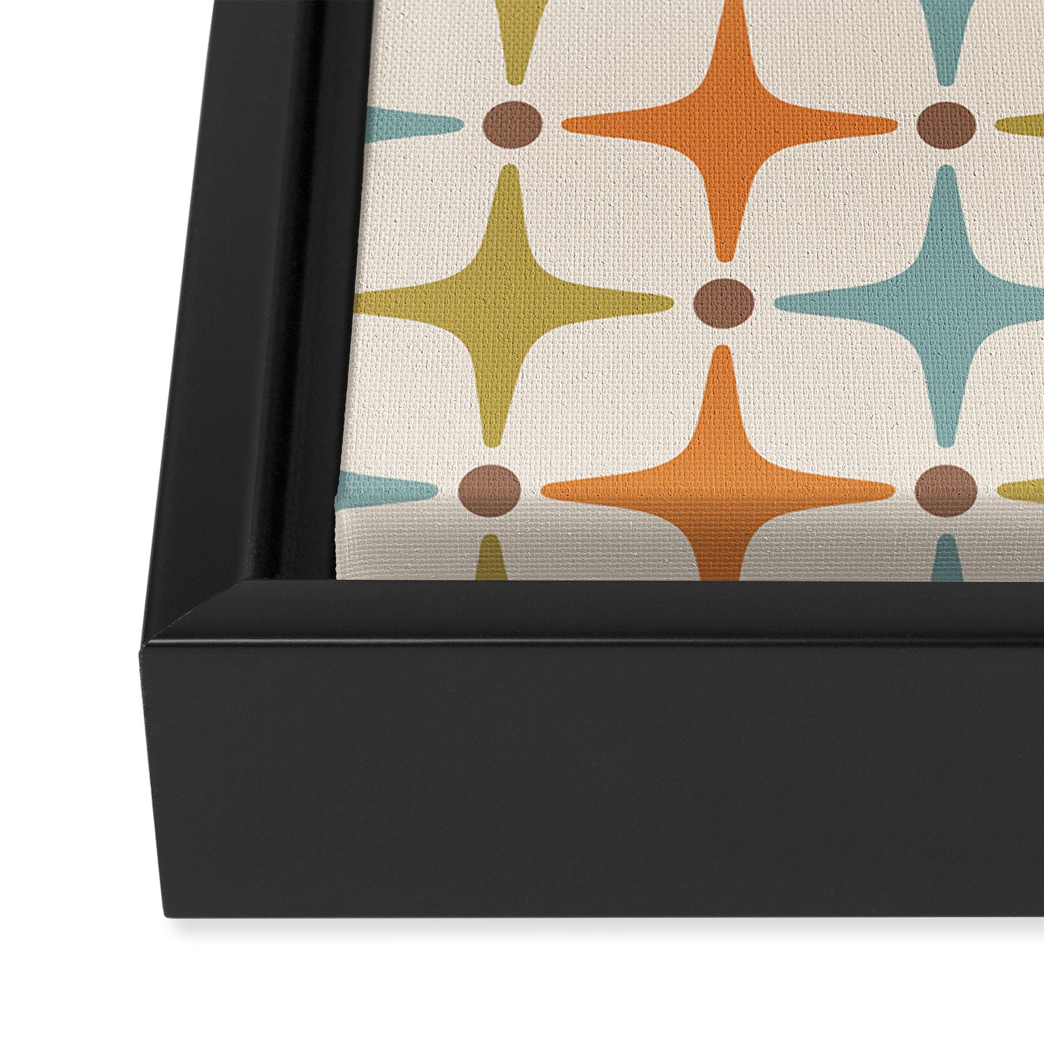 Mid Century Modern Star Pattern 817 Orange Brown Blue and Olive Green Framed Canvas Print Gallery Image 3