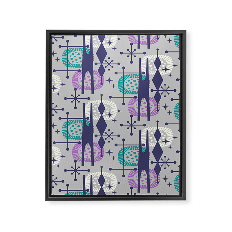 Retro Atomic Mid Century Pattern Grey Teal Blue and Lavender Framed Canvas Print Gallery Image 8
