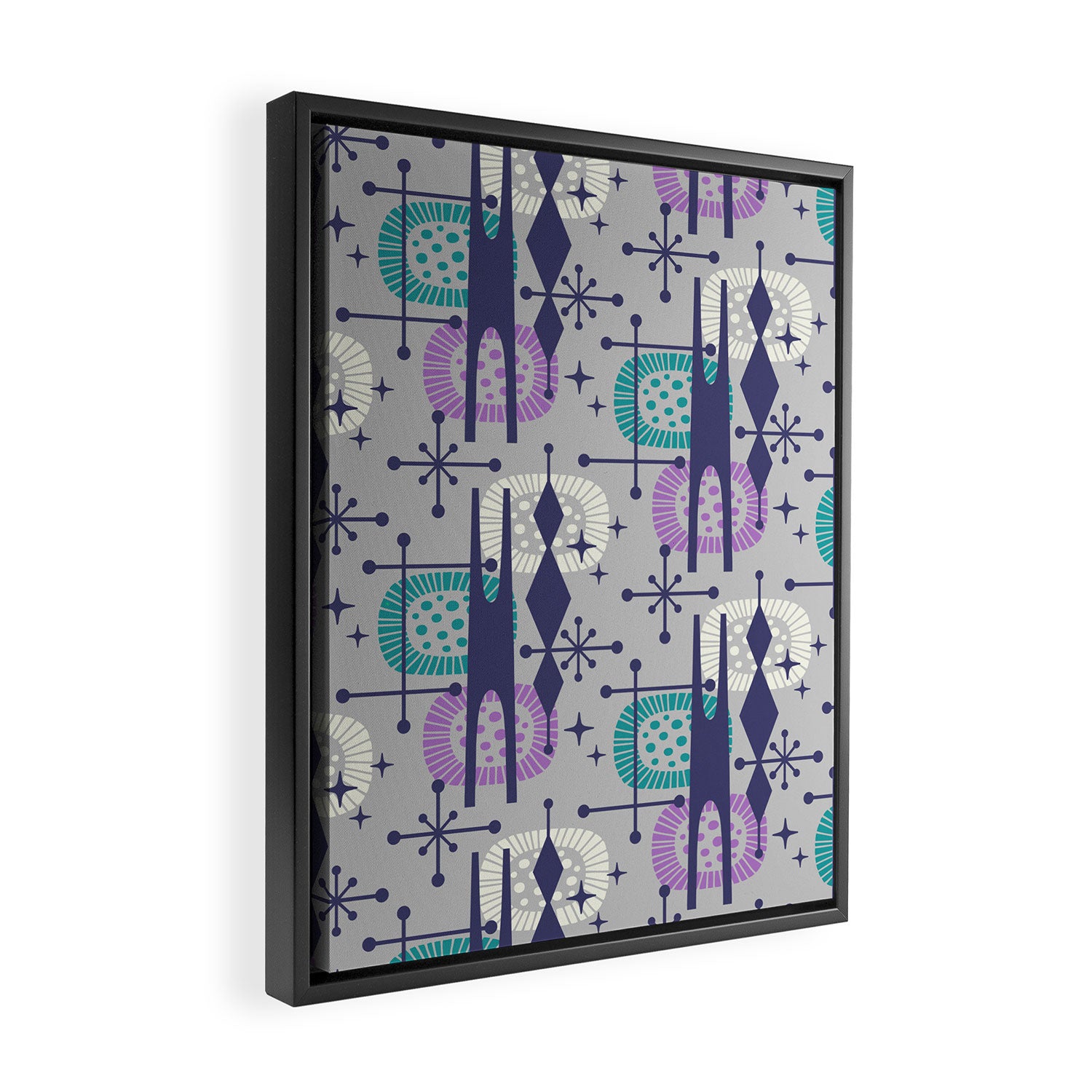 Retro Atomic Mid Century Pattern Grey Teal Blue and Lavender Framed Canvas Print Gallery Image 2
